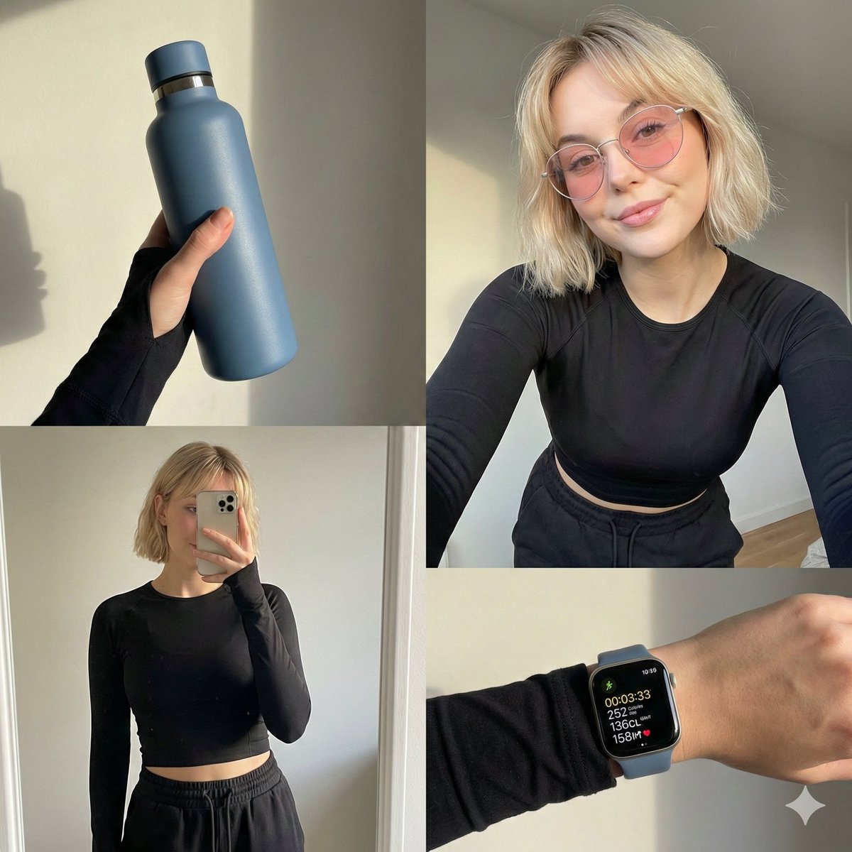 个人资料 / 头像 - 一位身穿运动服的亚洲女性在运动后的四格生活拼贴画