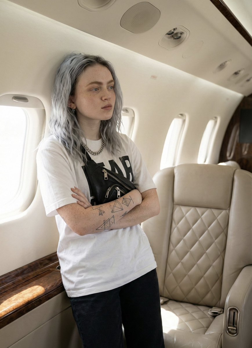 个人资料 / 头像 - Sadie Sink 在私人飞机上的前卫肖像的 JSON 提示词